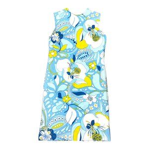 Vintage 1960s Floral Shift Dress Blue Yellow White Sleeveless Mod Style Retro XS